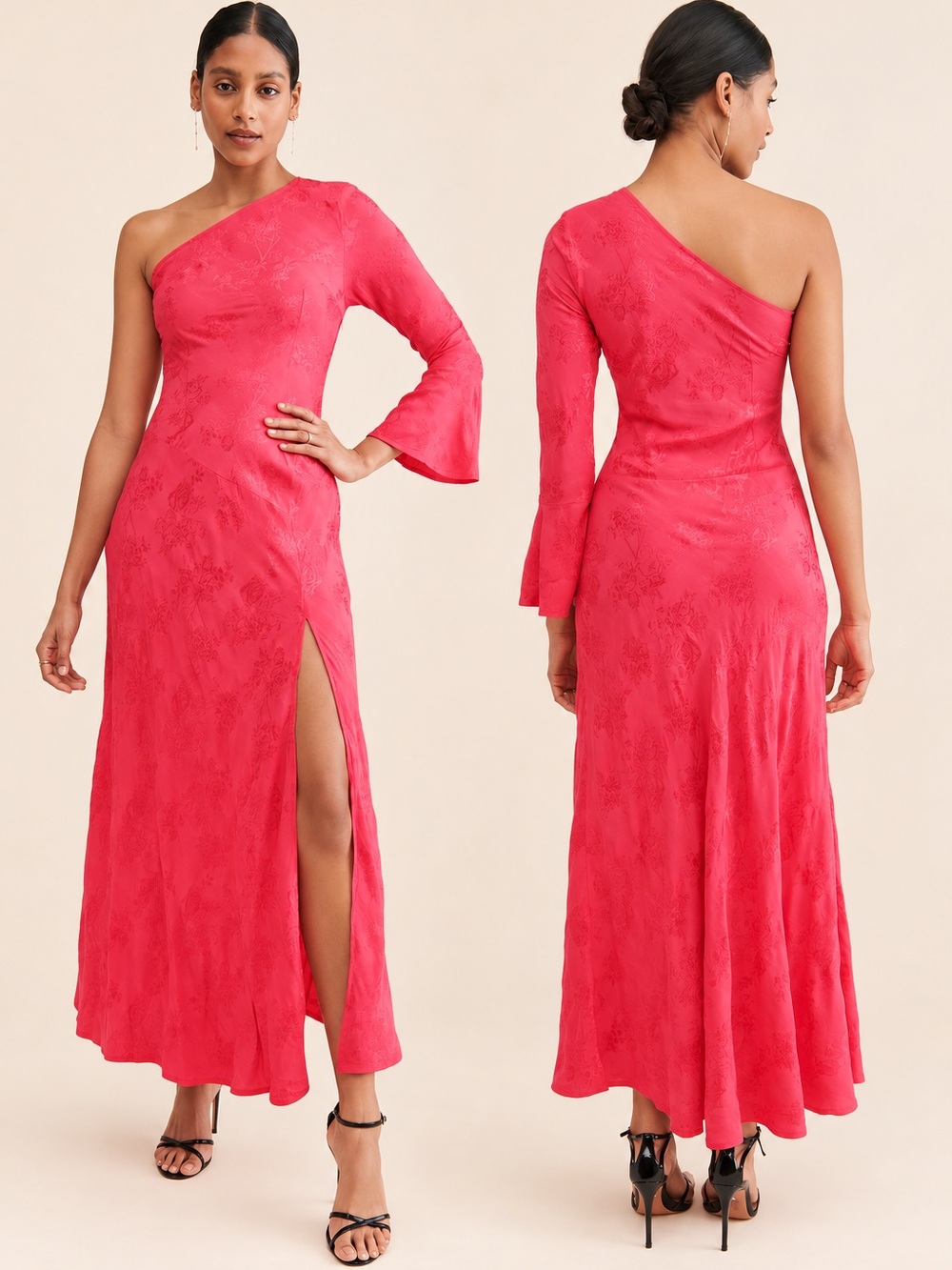 RAHI Anthropologie Dienna One Shoulder Jacquard Maxi Dress Pink L